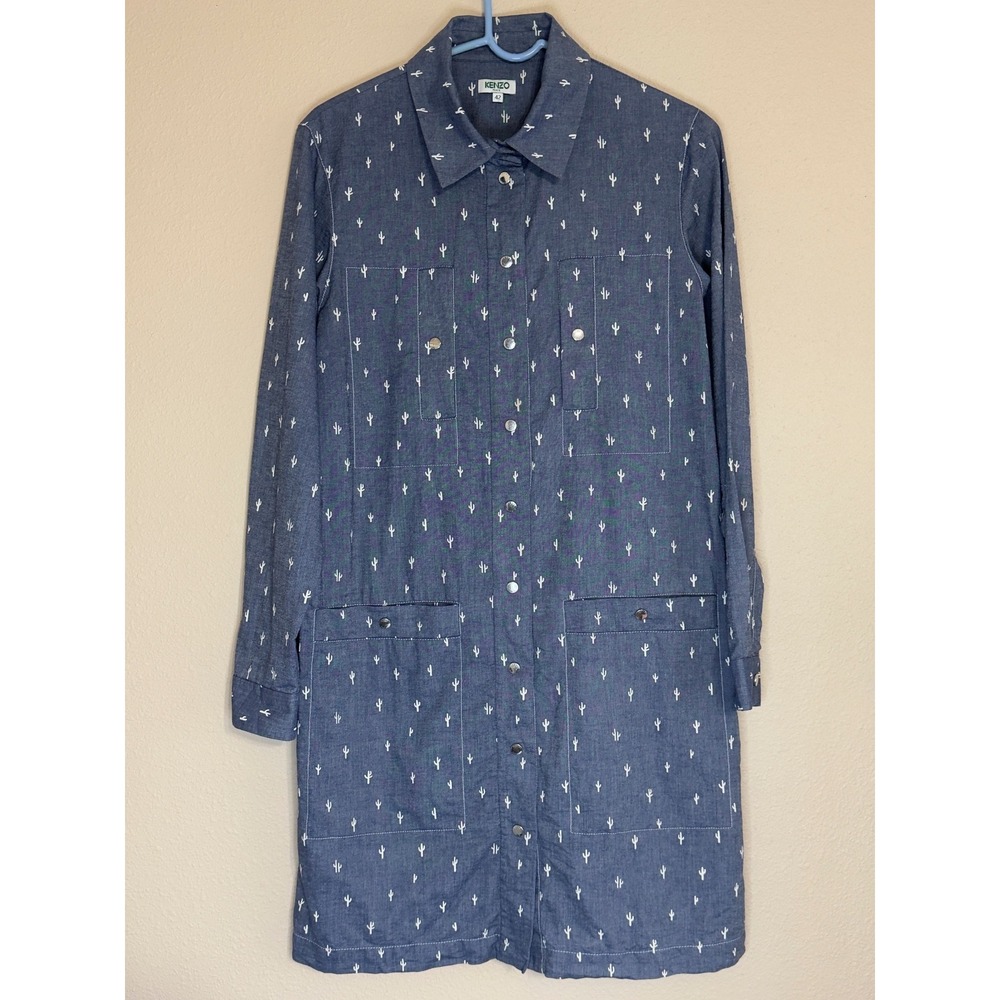 Kenzo Paris Blue Cactus Print Snap Front Utility Shirt Dress Size 42